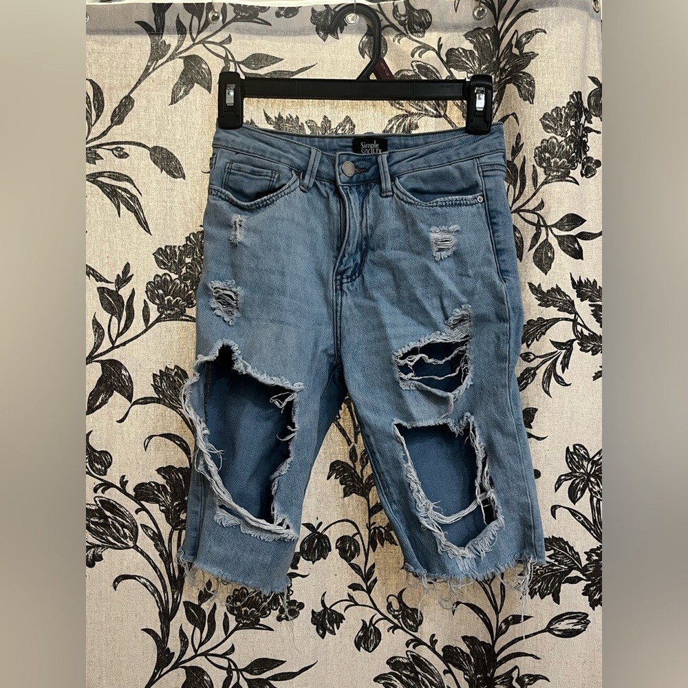 Simple Society Light Wash Blue Knee Length Denim Shorts - Ripped/Distressed